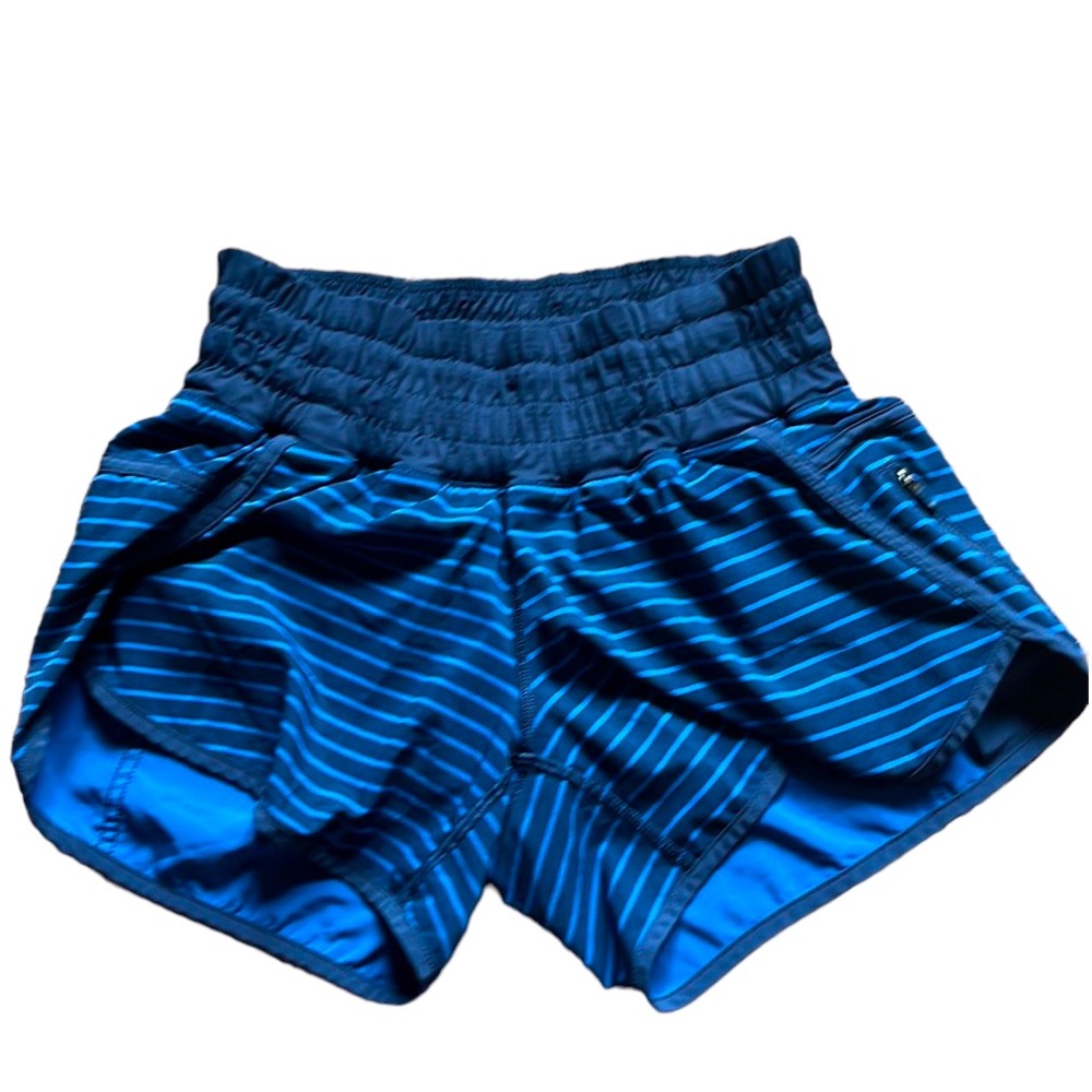 blue high waisted 4” inseam with zipper pocket